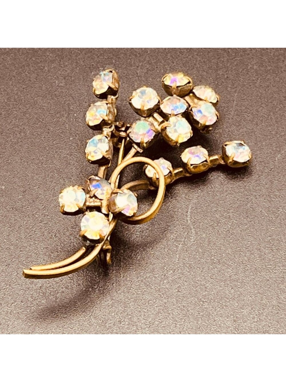 Vintage Austrian Rhinestone Crystal Brooch Spray Design Brass-Tone Setting